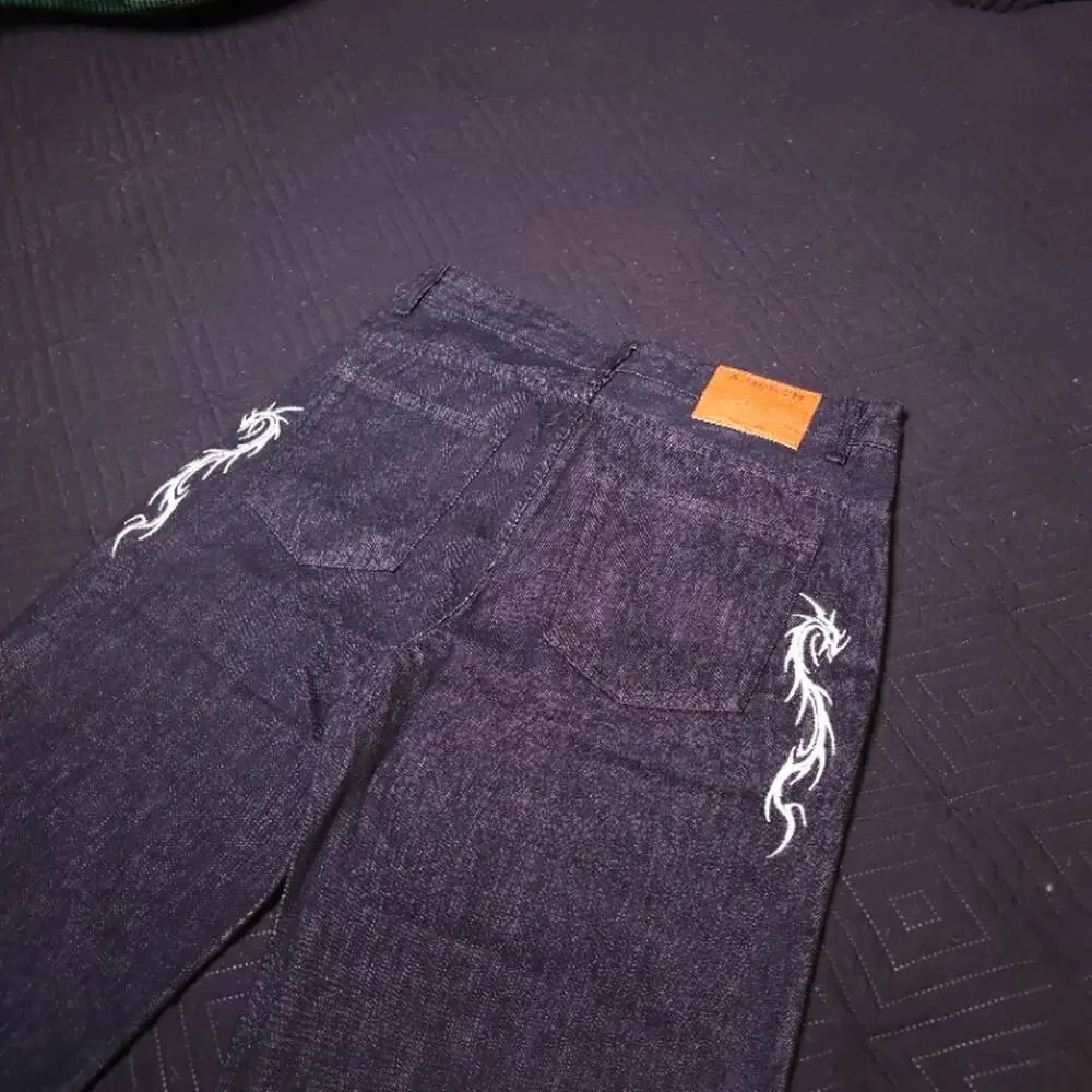 Embroidered Flame Raw Denim Jeans Dark Indigo Wide Leg W32 44in